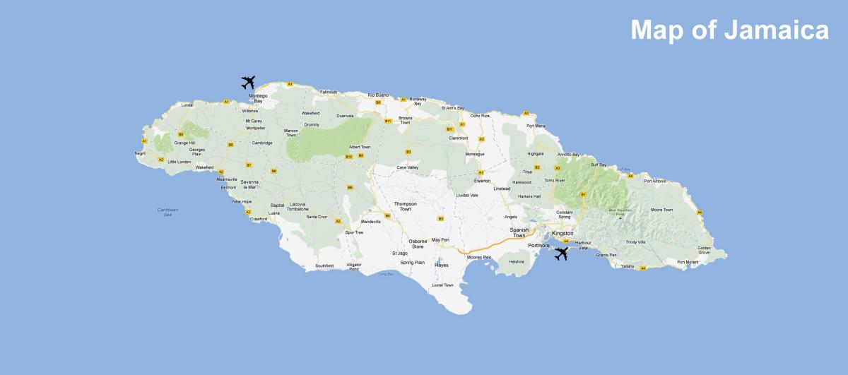 карта Ямайкі аэрапортаў і курортаў