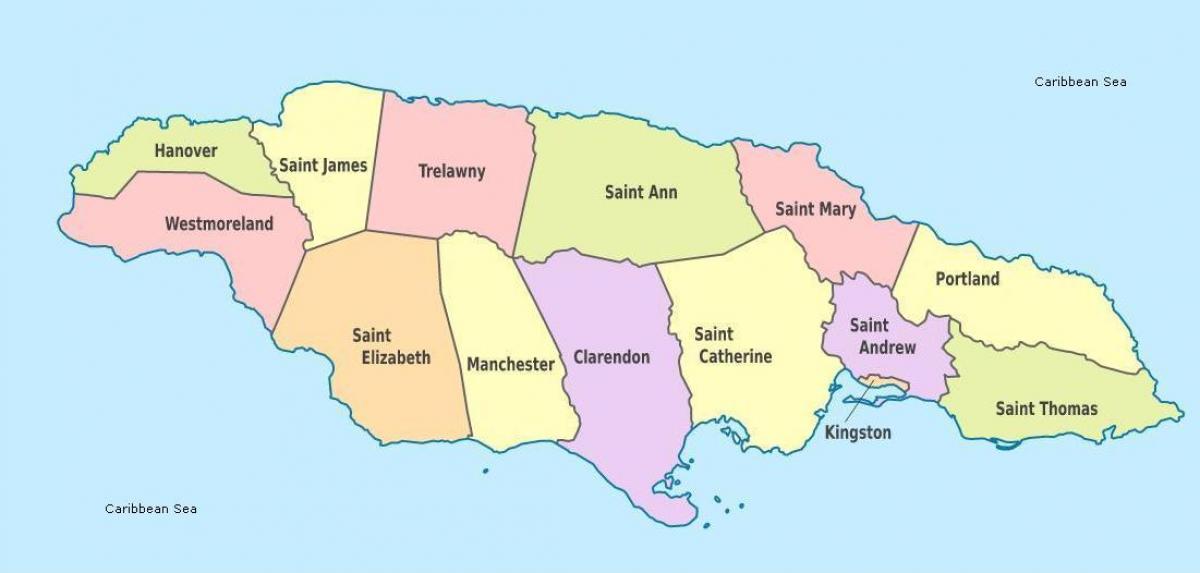 карта Ямайкі з прыходамі і сталіц