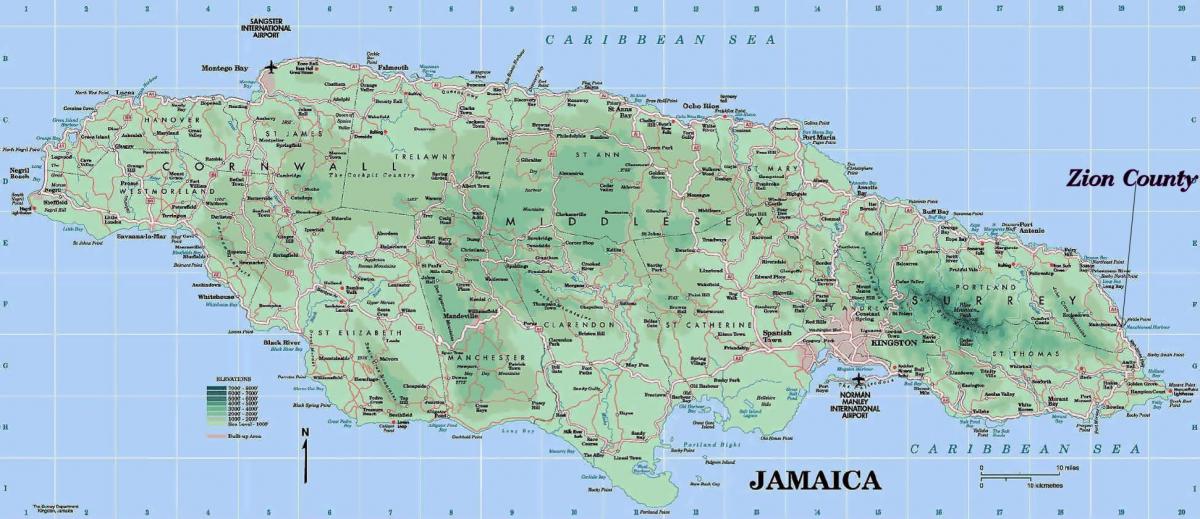 фізічная карта Ямайка, якія паказваюць горы