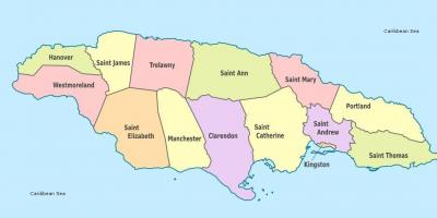 Карта Ямайкі з прыходамі і сталіц